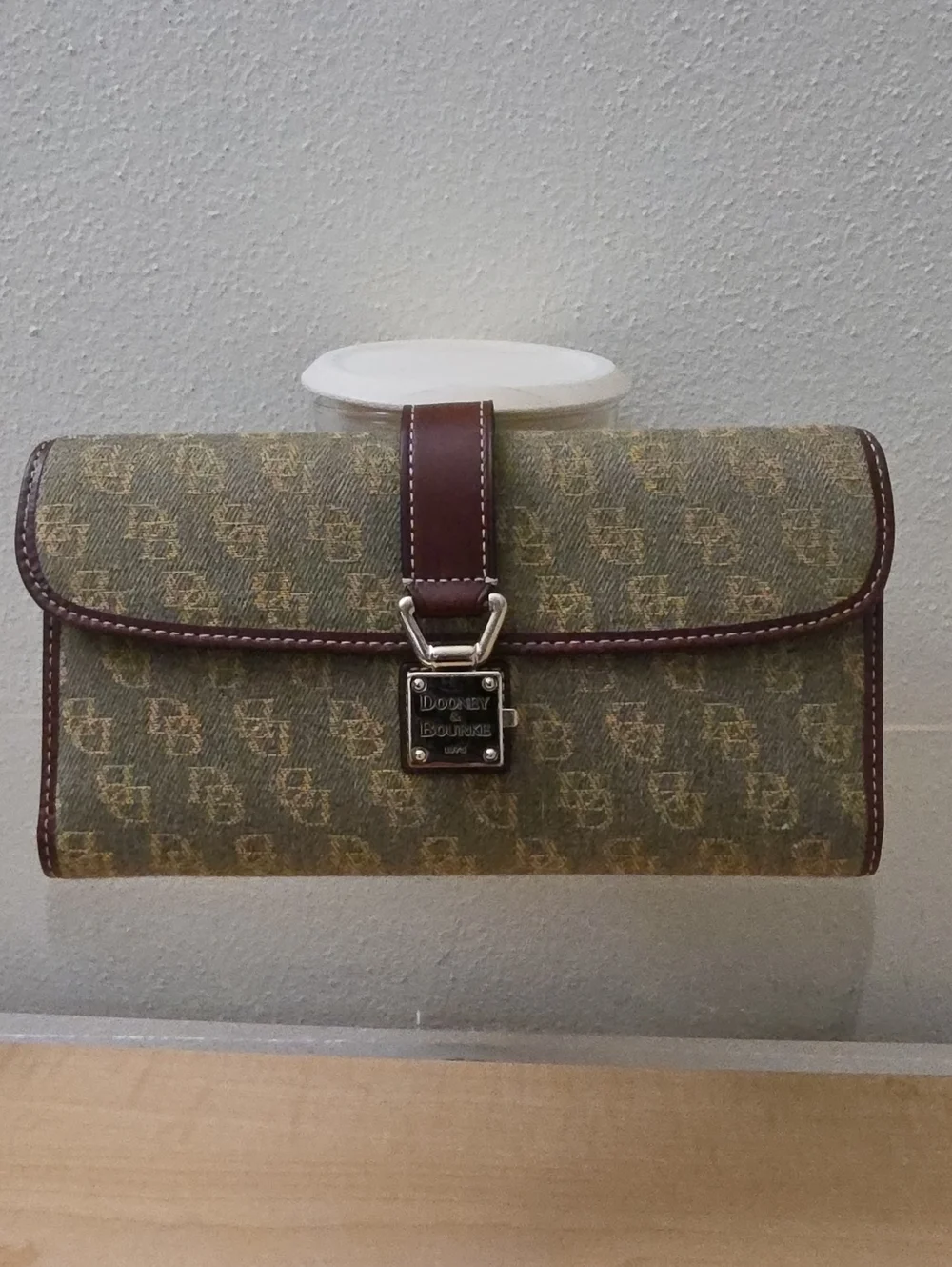Dooney & Bourke Olive Signature Logo Clutch with Brown Trim